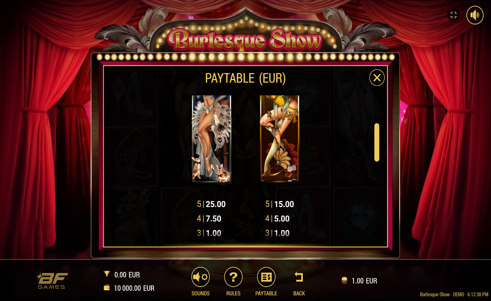 burlesque show dancer paytable 1