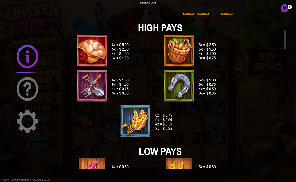 chicken burst megaways paytable 1