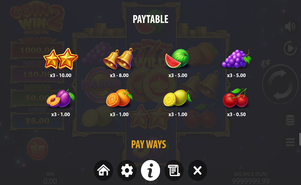 coin win 2 hold the spin paytable