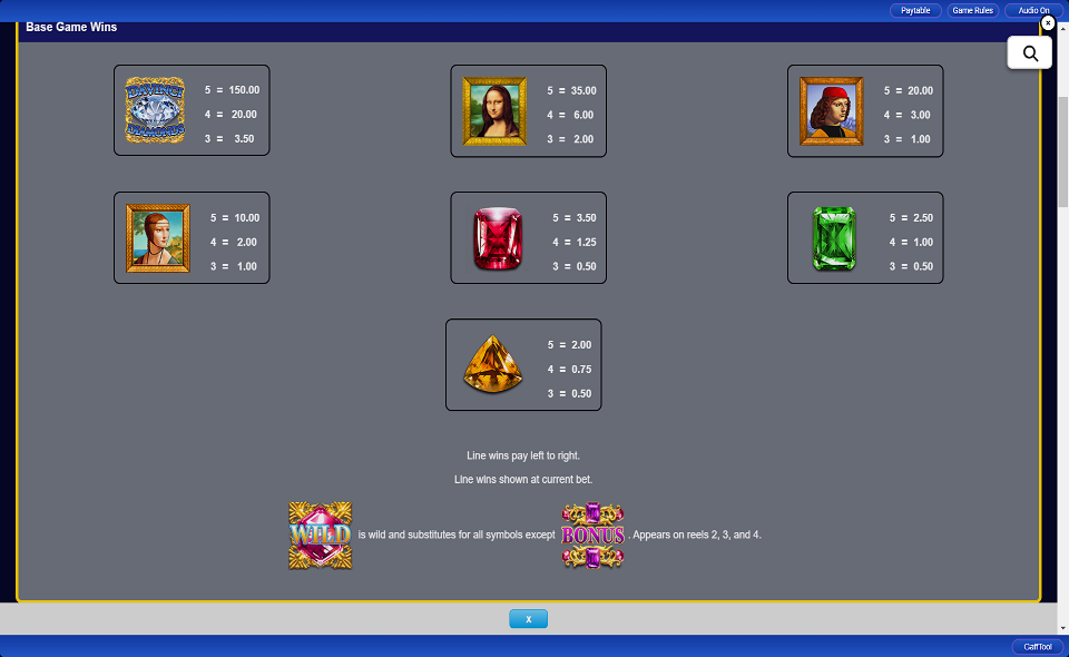 da vinci diamonds megajackpots paytable