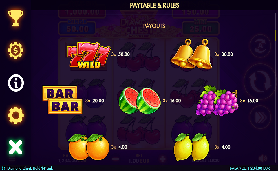 diamond chest hold n link paytable 1