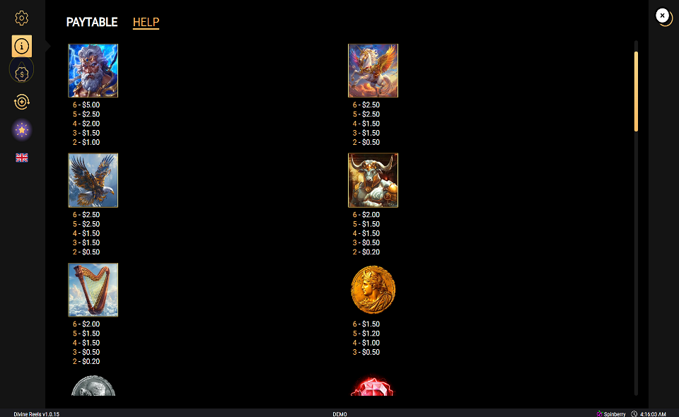 divine reels paytable 1
