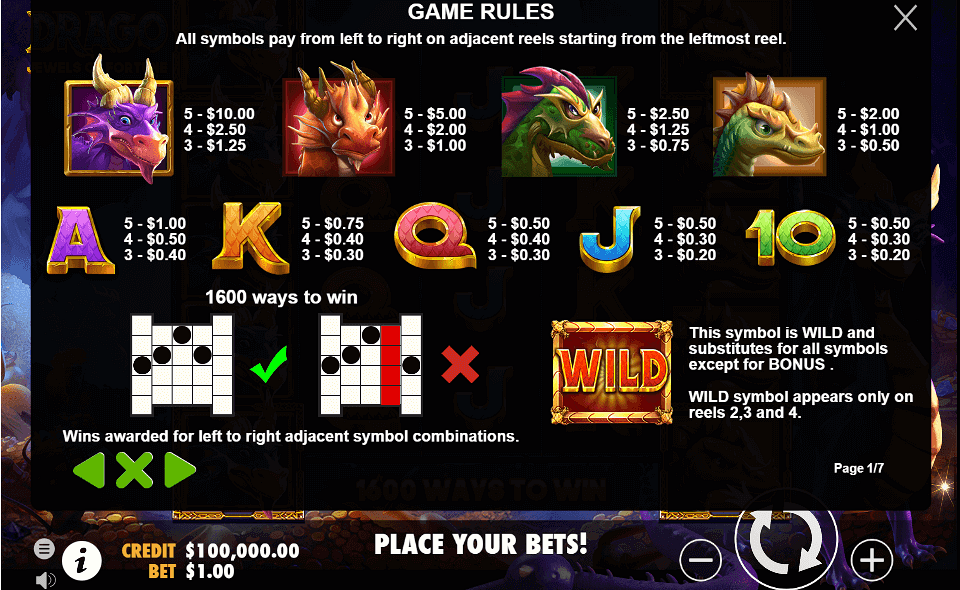 drago jewels of fortune paytable