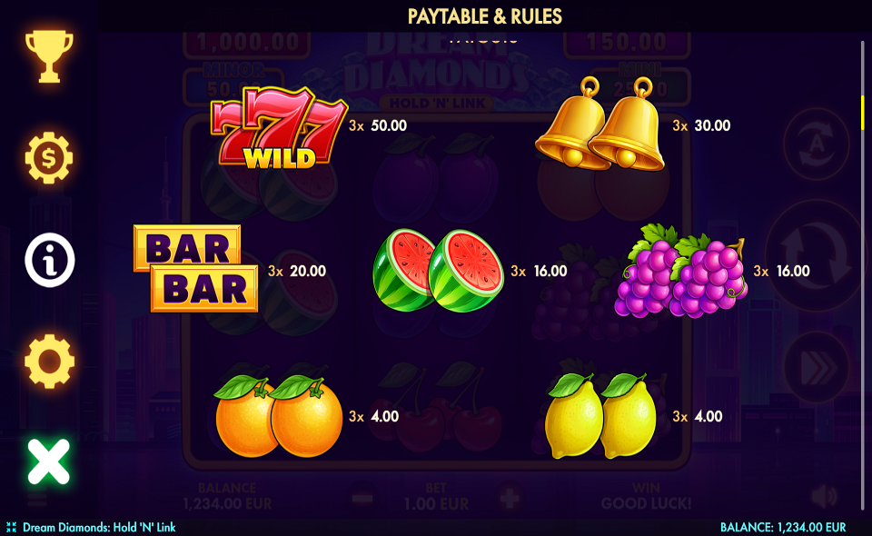 dream diamonds hold n link paytable 1