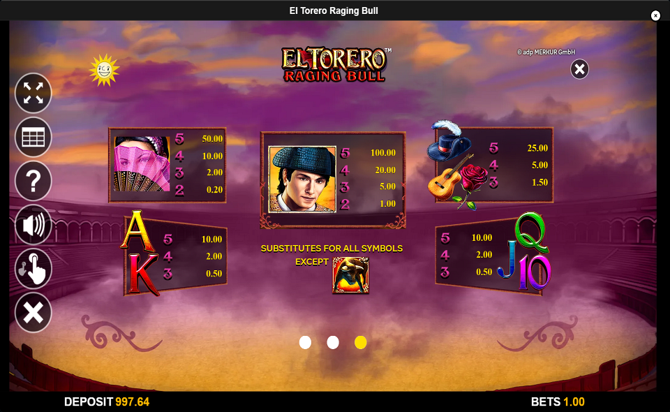 el torero raging bull paytable