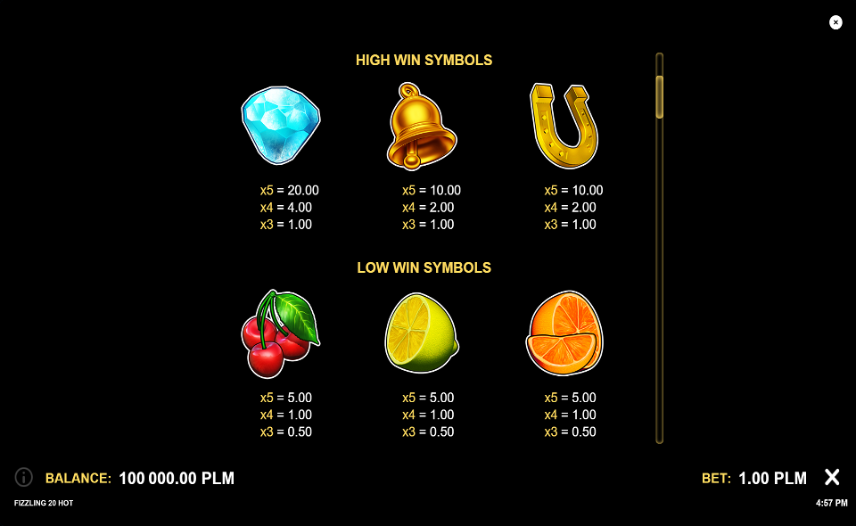 fizzling 20 hot paytable 1