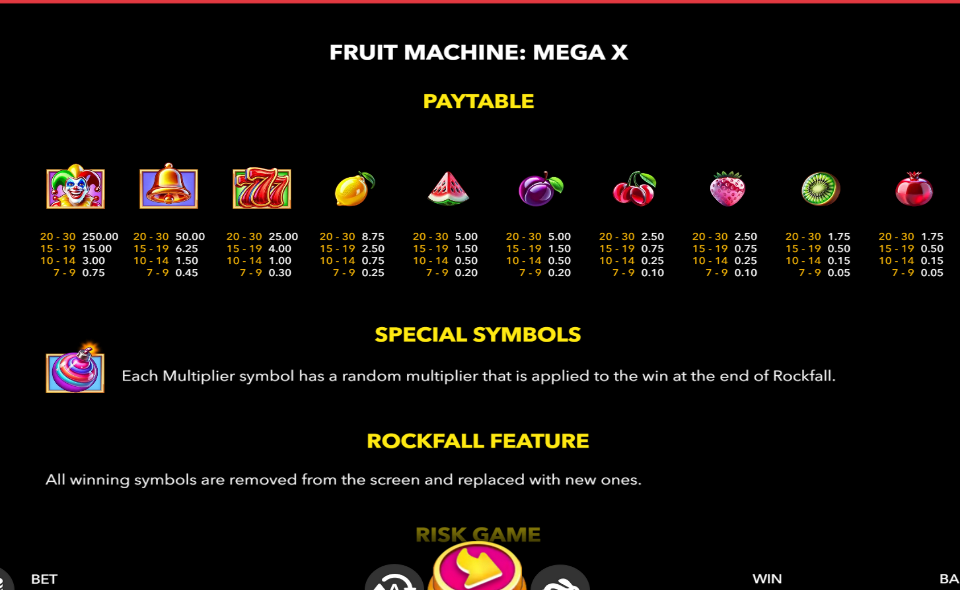 fruit machine mega x paytable 1