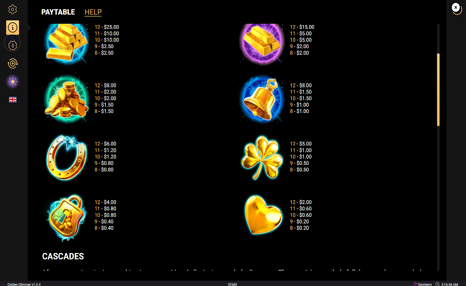 golden glimmer paytable 2