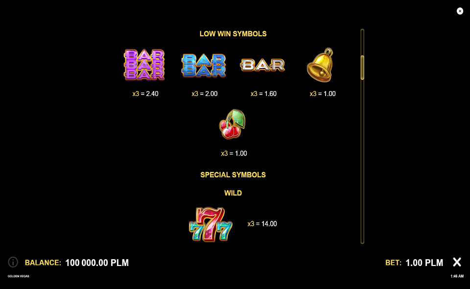 golden vegas 3x3 paytable 2