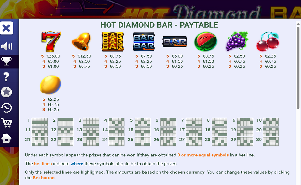 hot diamond bar paytable