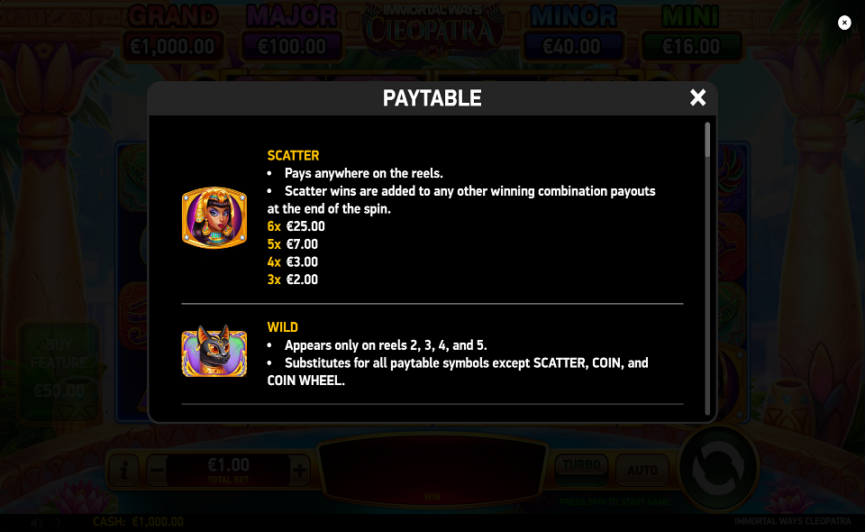 immortal ways cleopatra paytable 1
