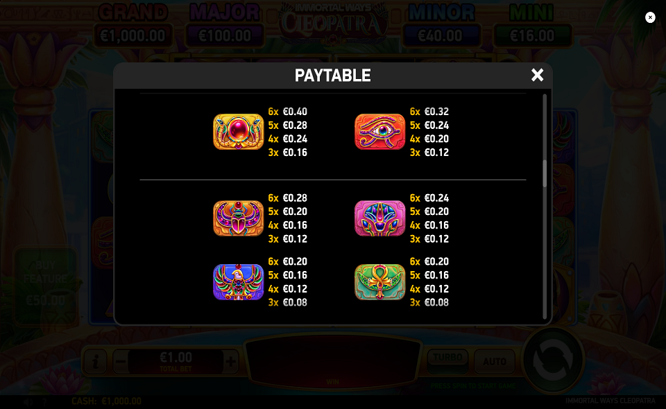 immortal ways cleopatra paytable 2