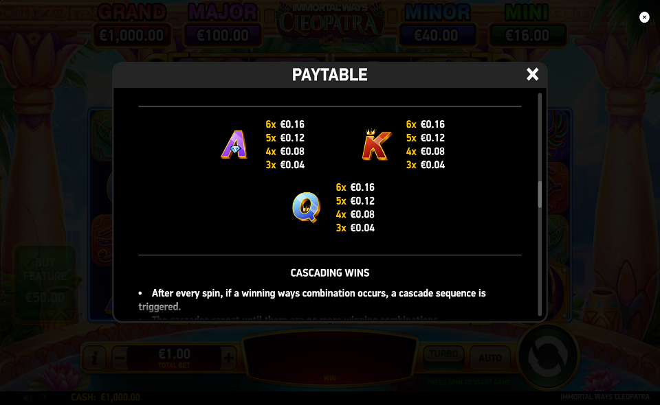immortal ways cleopatra paytable 3