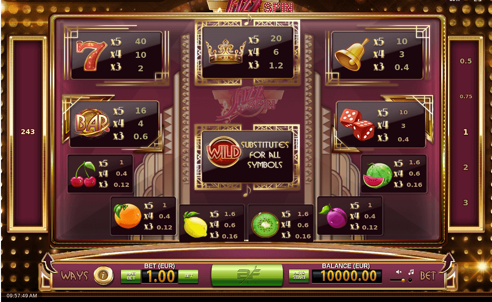 jazz spinn paytable