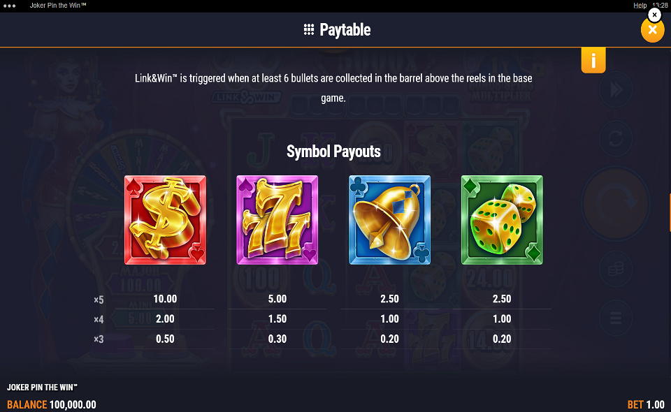 joker pin the win paytable 1