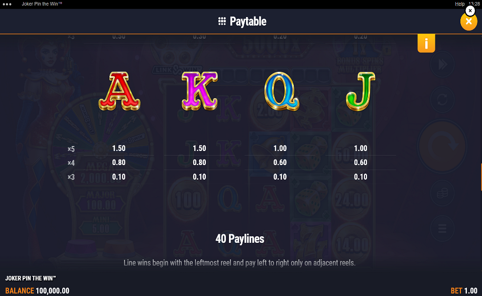 joker pin the win paytable 2