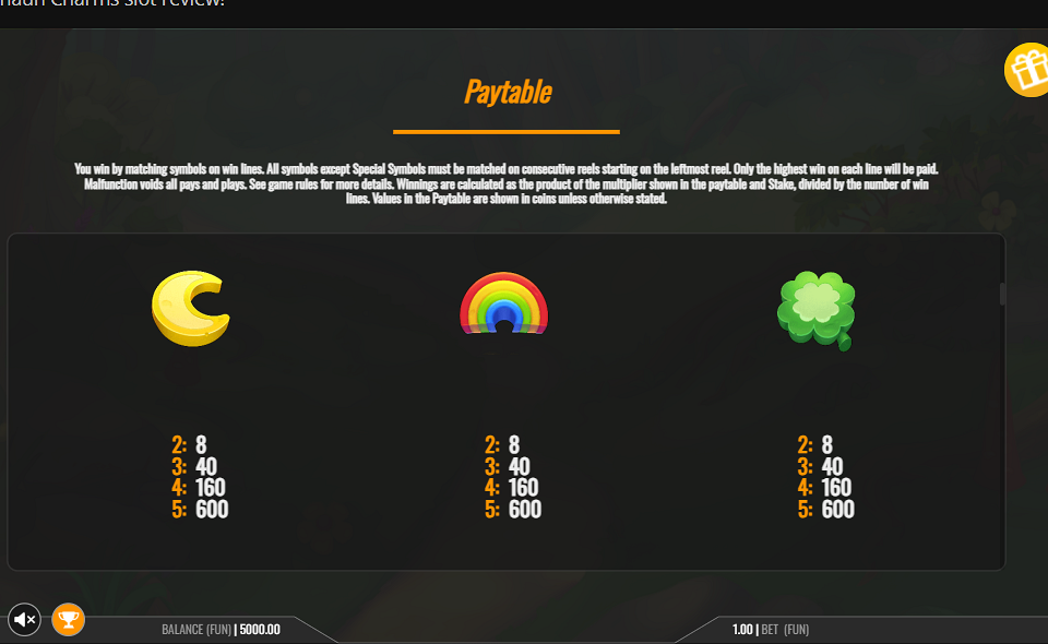 leprechaun charms paytable 2