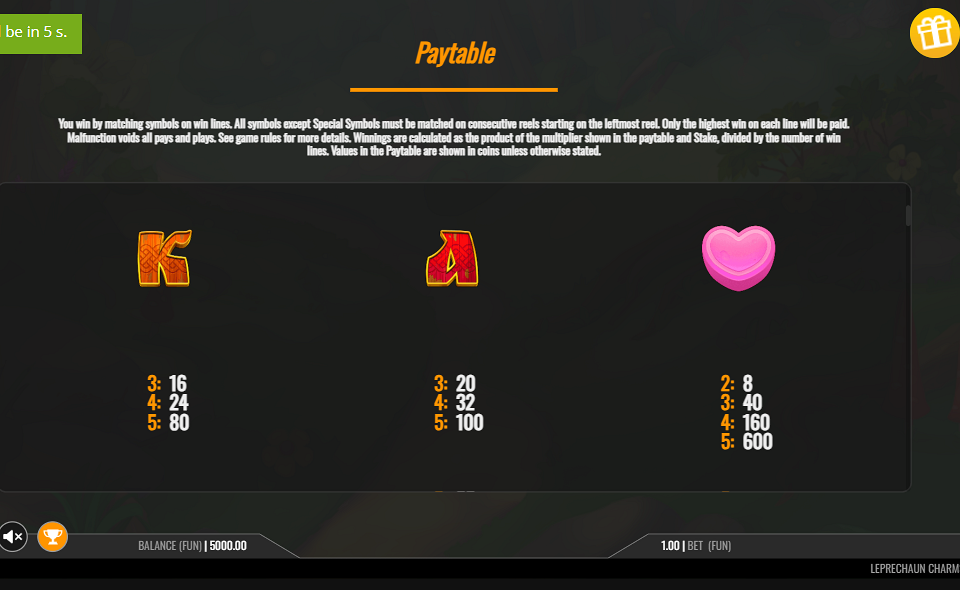 leprechaun charms paytable 3