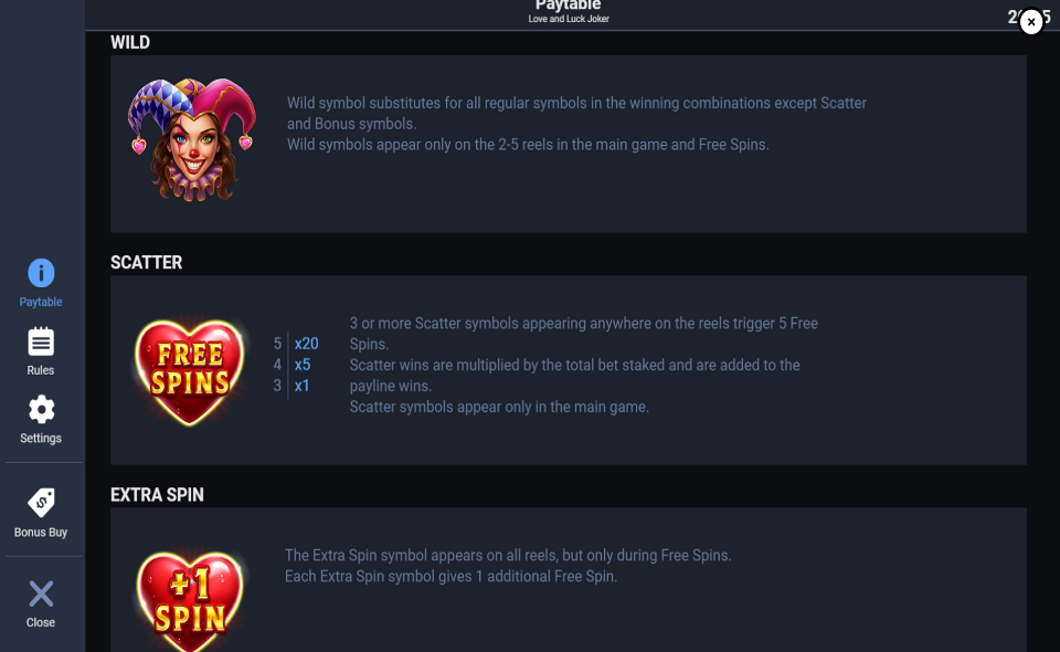 love and luck joker paytable 2