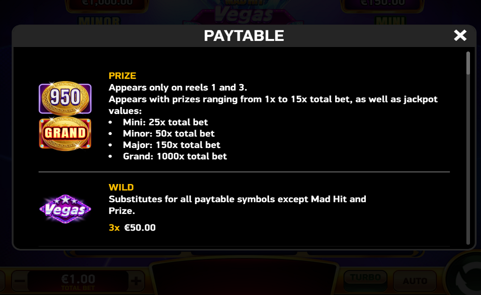 mad hit vegas diamonds paytable 2