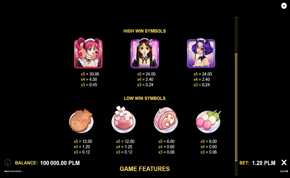 maids cafe riches paytable