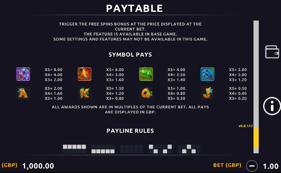 monkey bonanza paytable