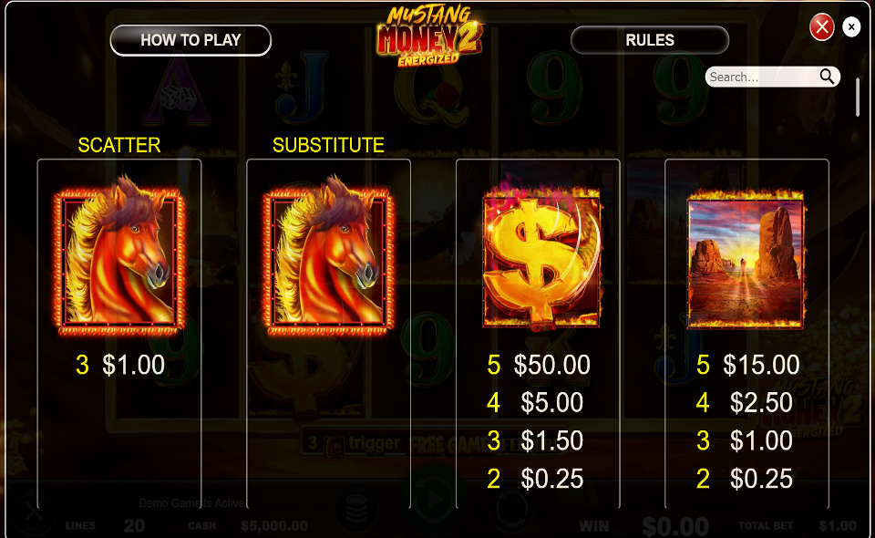 mustang money 2 energized paytable 1