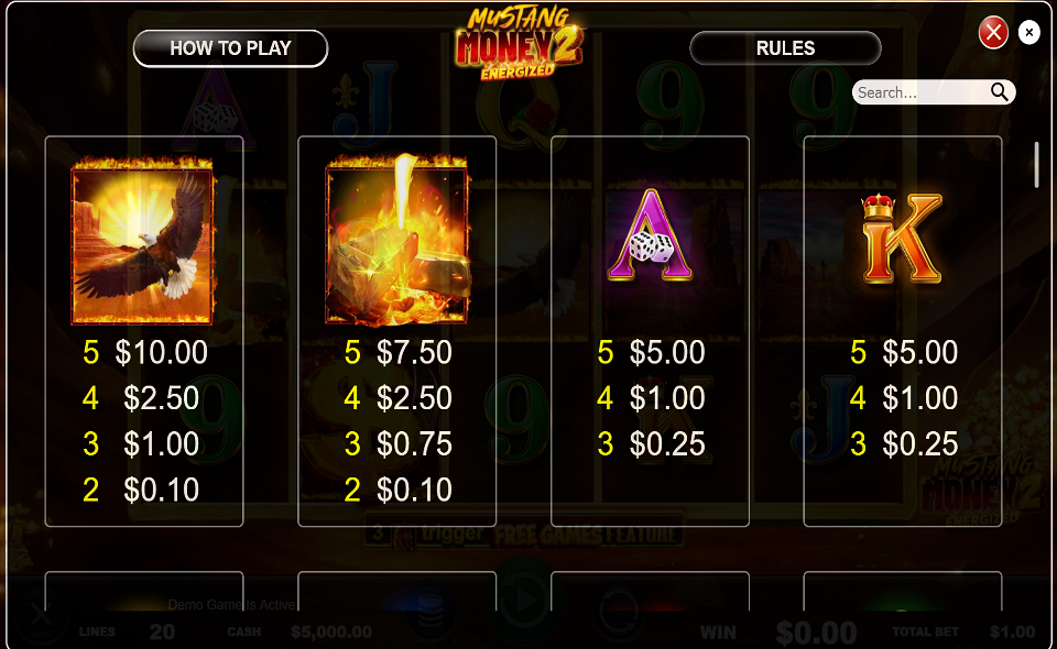 mustang money 2 energized paytable 2