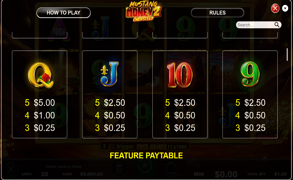 mustang money 2 energized paytable 3