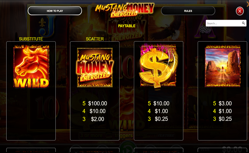 mustang money energized paytable 1