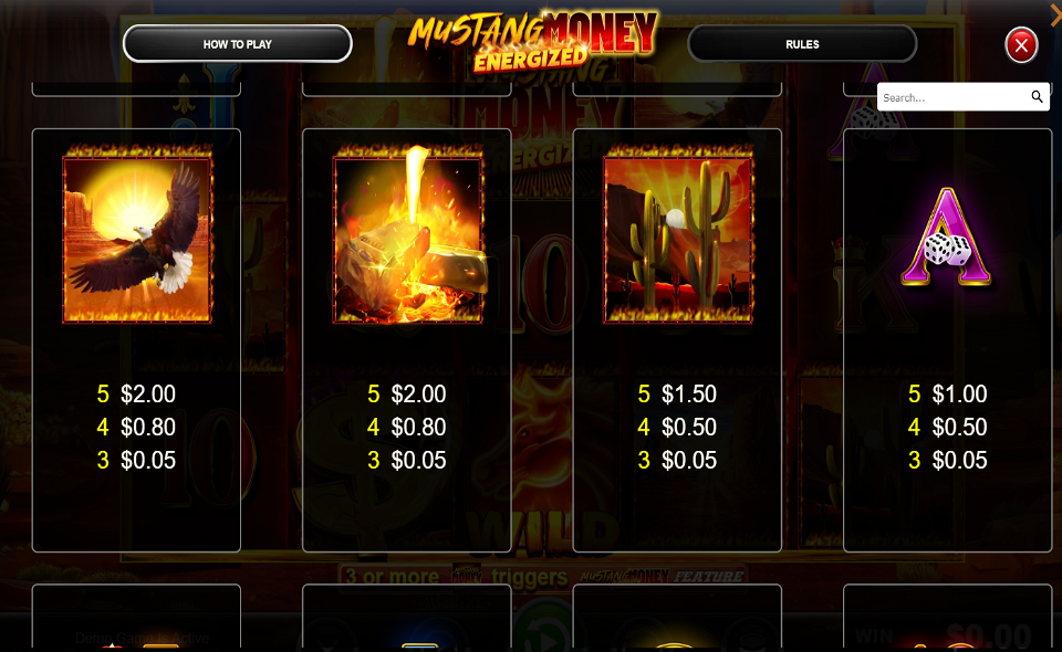 mustang money energized paytable 2