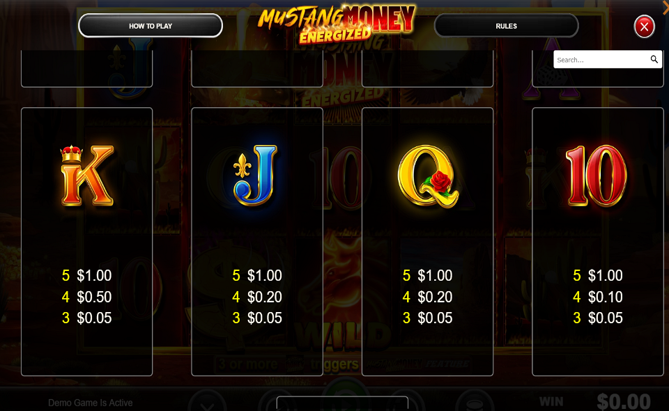 mustang money energized paytable 3