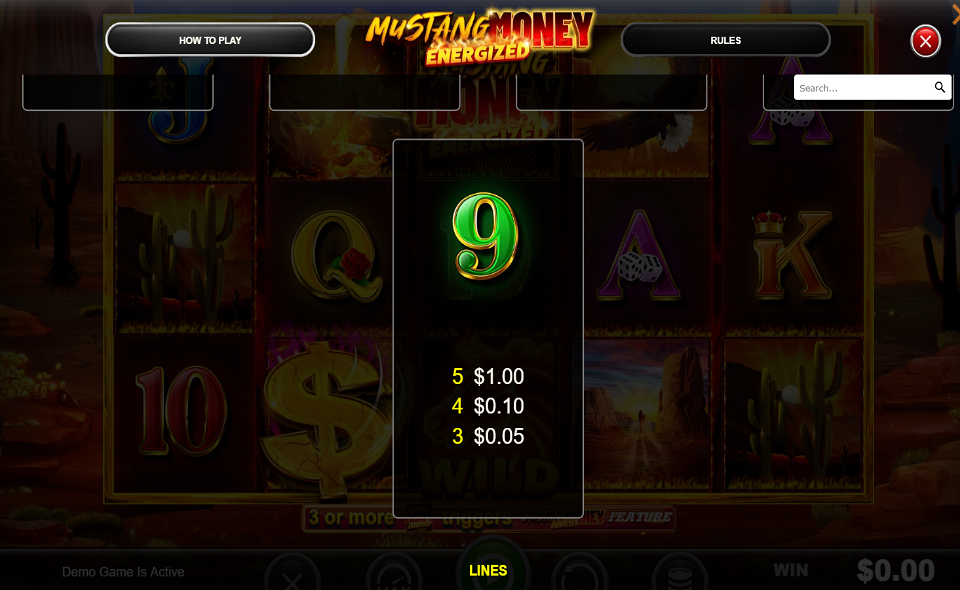 mustang money energized paytable 4
