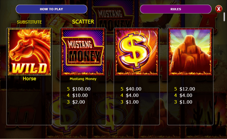 mustang money rr paytable