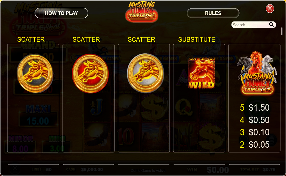 mustang money triple shot paytable 2