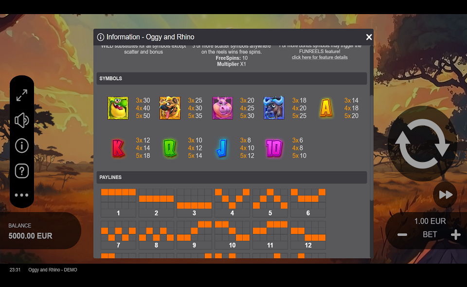 oggy and rhino paytable