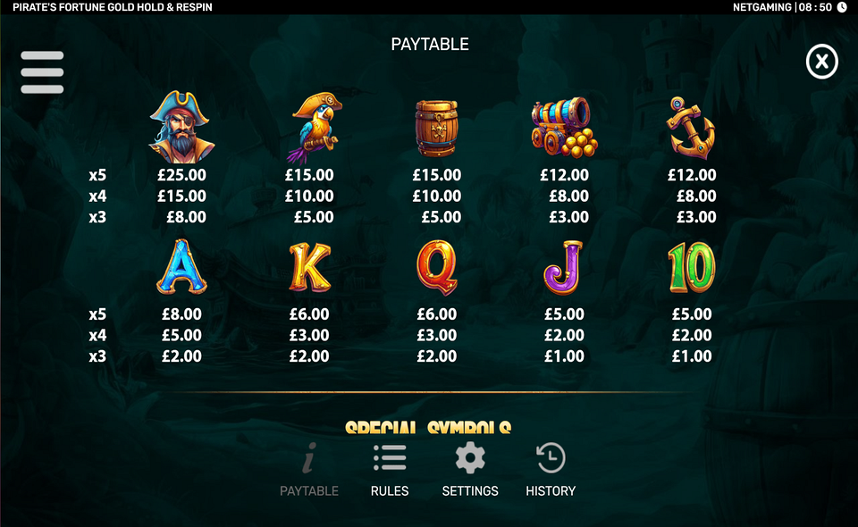 pirates fortune gold hold and respin paytable 1