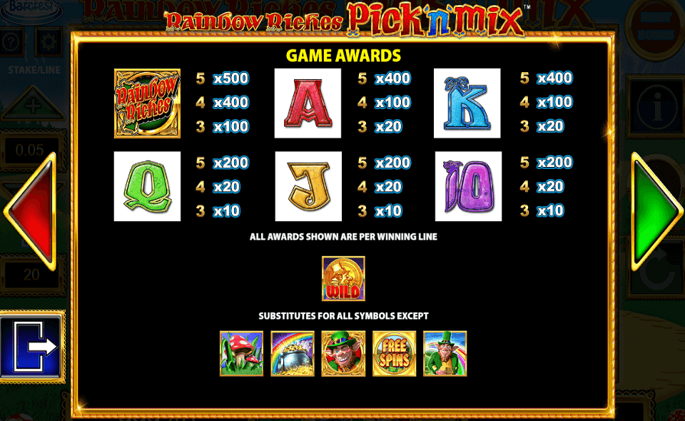 rainbow riches pick n mix paytable