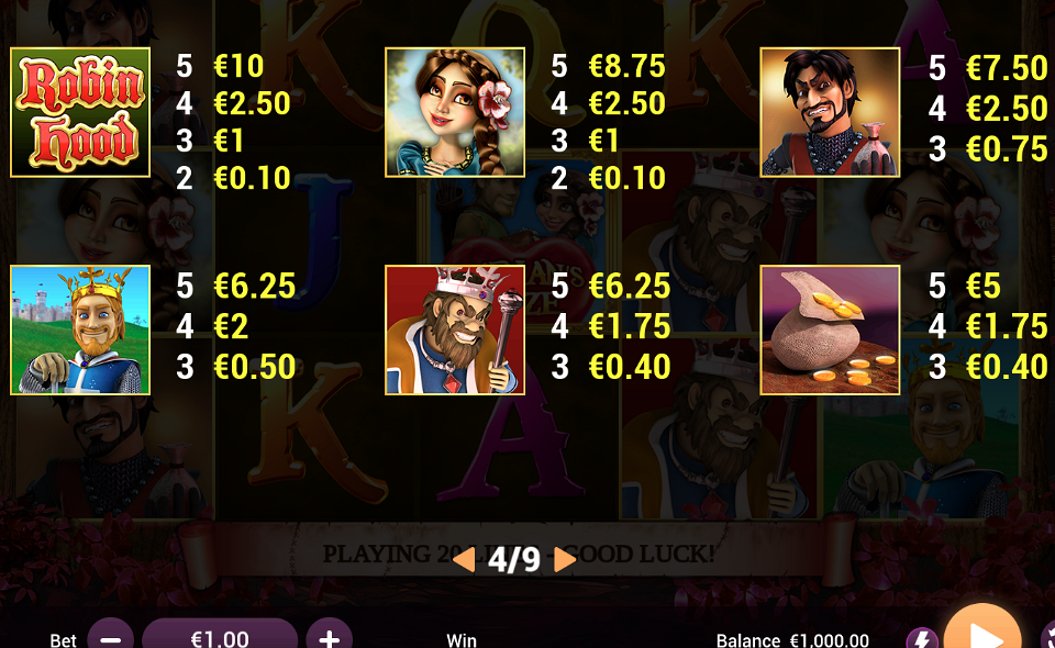 robin hood valentine paytable 2