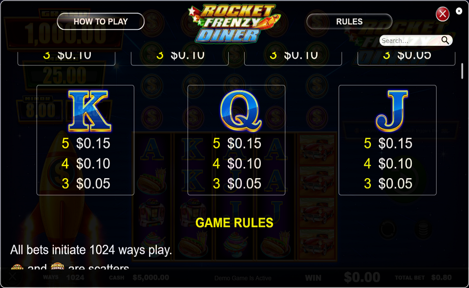 rocket frenzy diner paytable 3