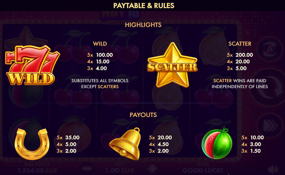 rollin hot 10 classic series paytable 1