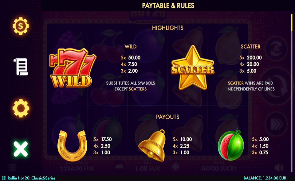 rollin hot 20 classic series paytable 1