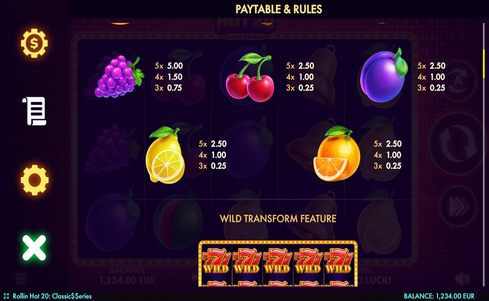 rollin hot 20 classic series paytable 2