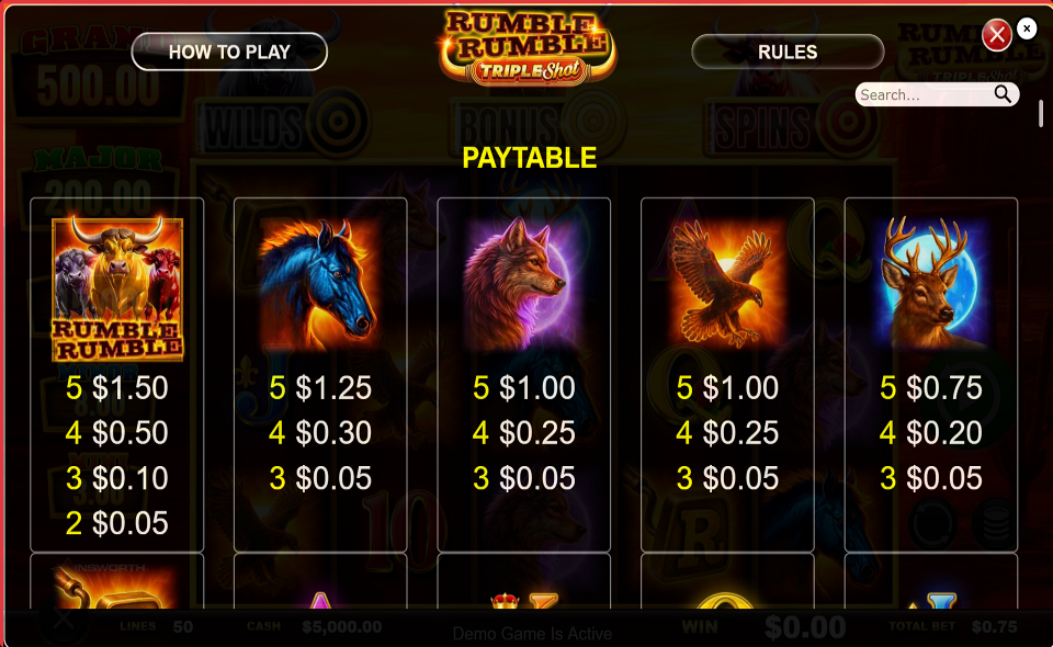 rumble rumble triple shot paytable 1