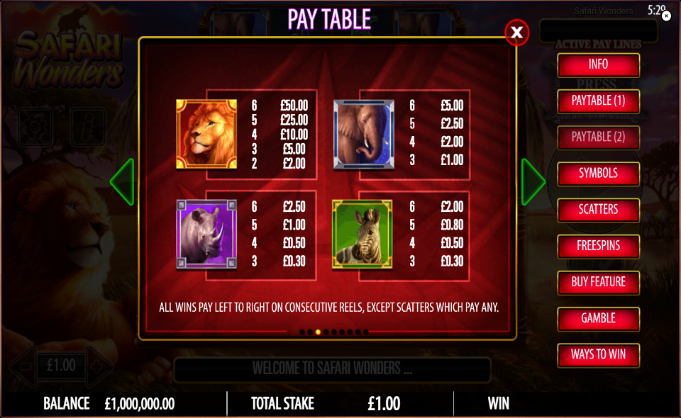 safari wonders paytable 1