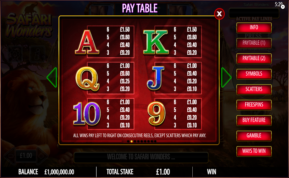 safari wonders paytable 2