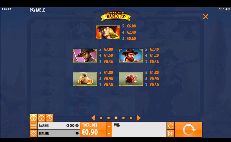 sticky bandits paytable 1