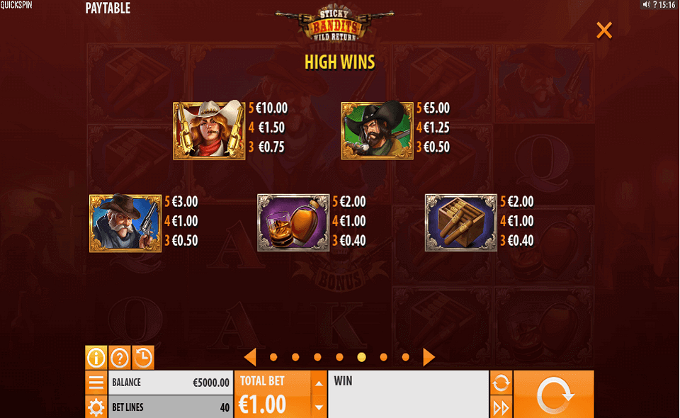 sticky bandits wild return paytable 1