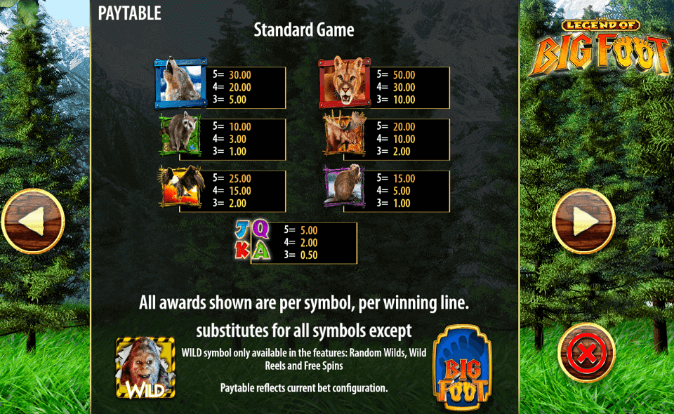 the legend of big foot paytable 1