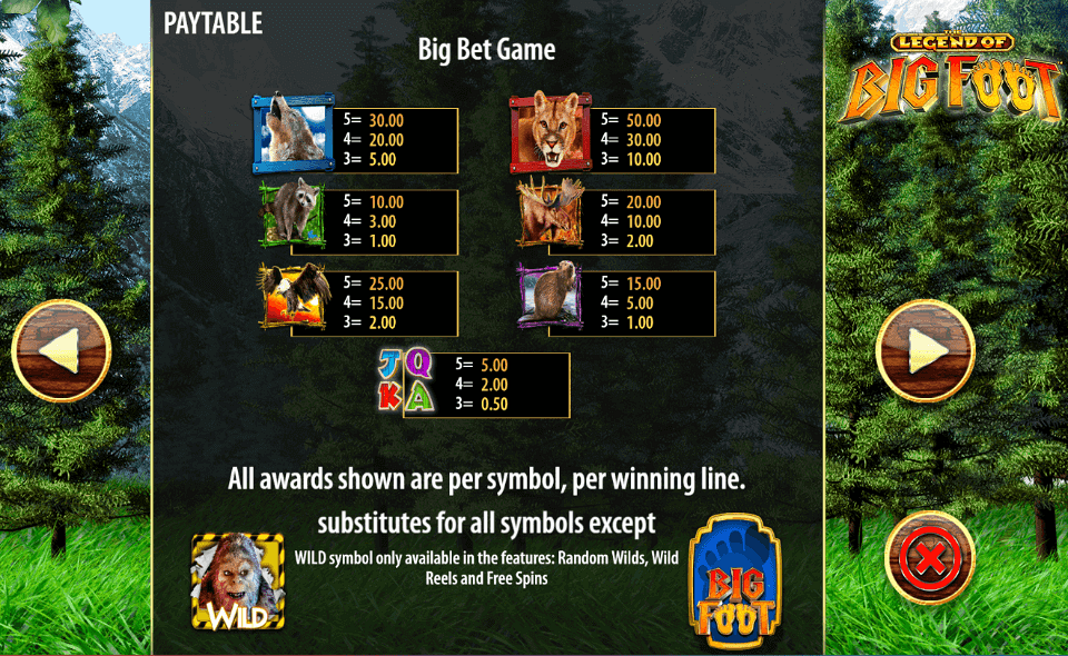 the legend of big foot paytable 2